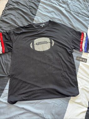 TIMING Black T-Shirt with Sequin Football Graphic and Red/Blue Sleeve Stripes